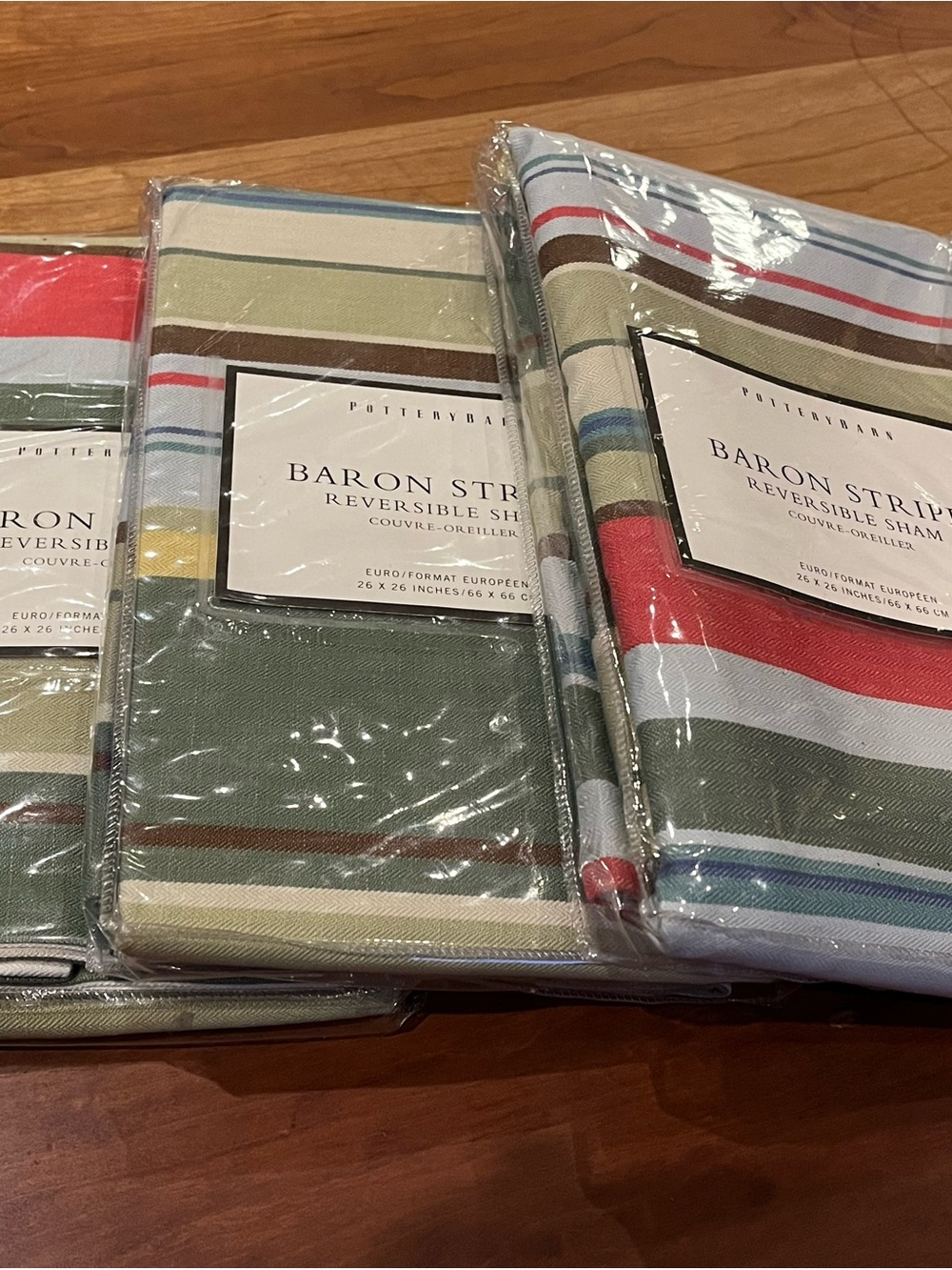 3 x Pottery Barn “Baron” Stripe Reversible Euro Shams - Multi Stripe - NWT